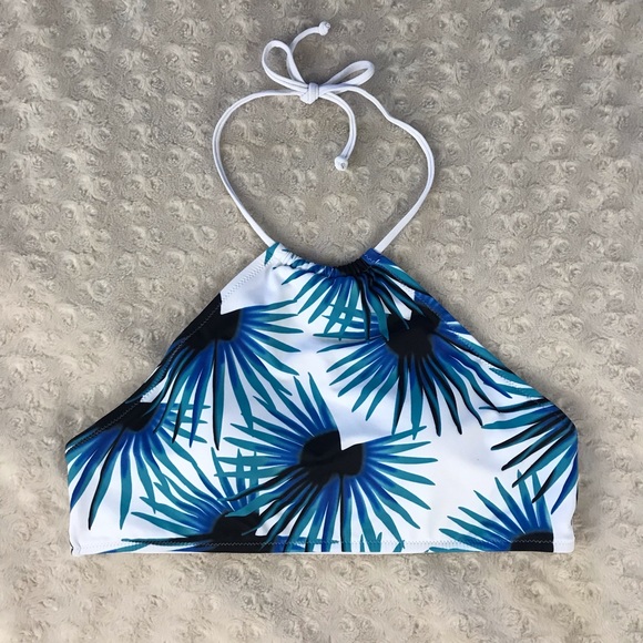 Other - High Neck Halter Bikini Top Palm Print White Blue